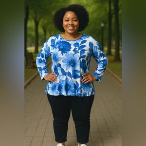 🌸 Alfred Dunner Blue Floral Gem Accent light weight Sweater – Size 3X 🌸